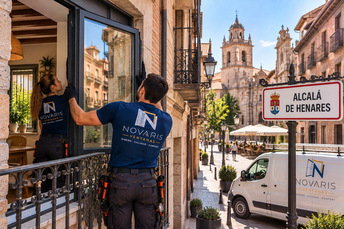 Instaladores de Novaris montando una ventana en un edificio del casco histórico de Alcalá de Henares