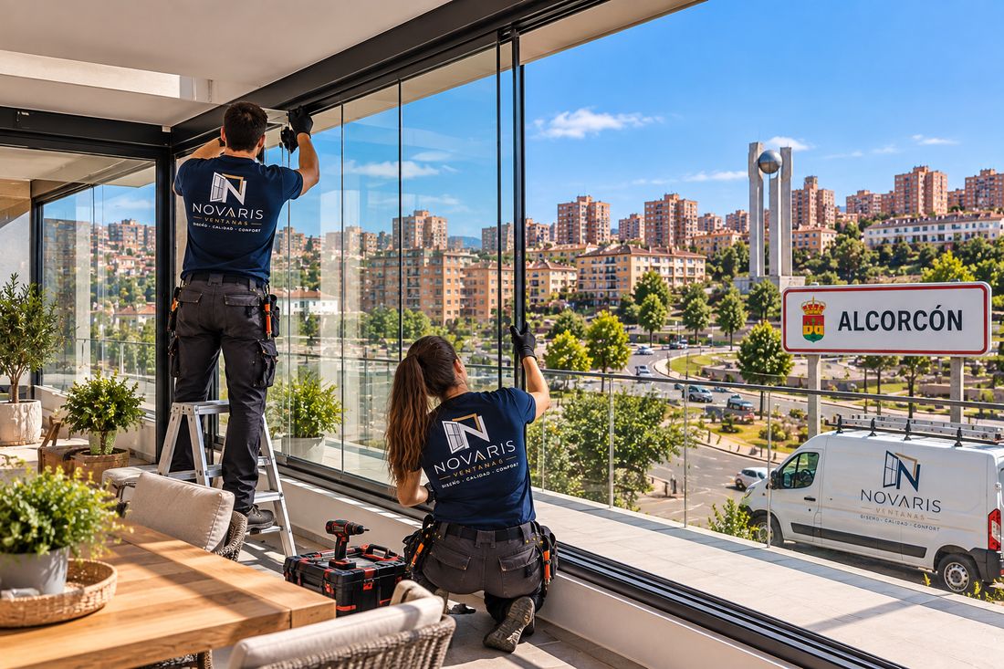 Instaladores de Novaris montando el cerramiento de una terraza en Alcorcón