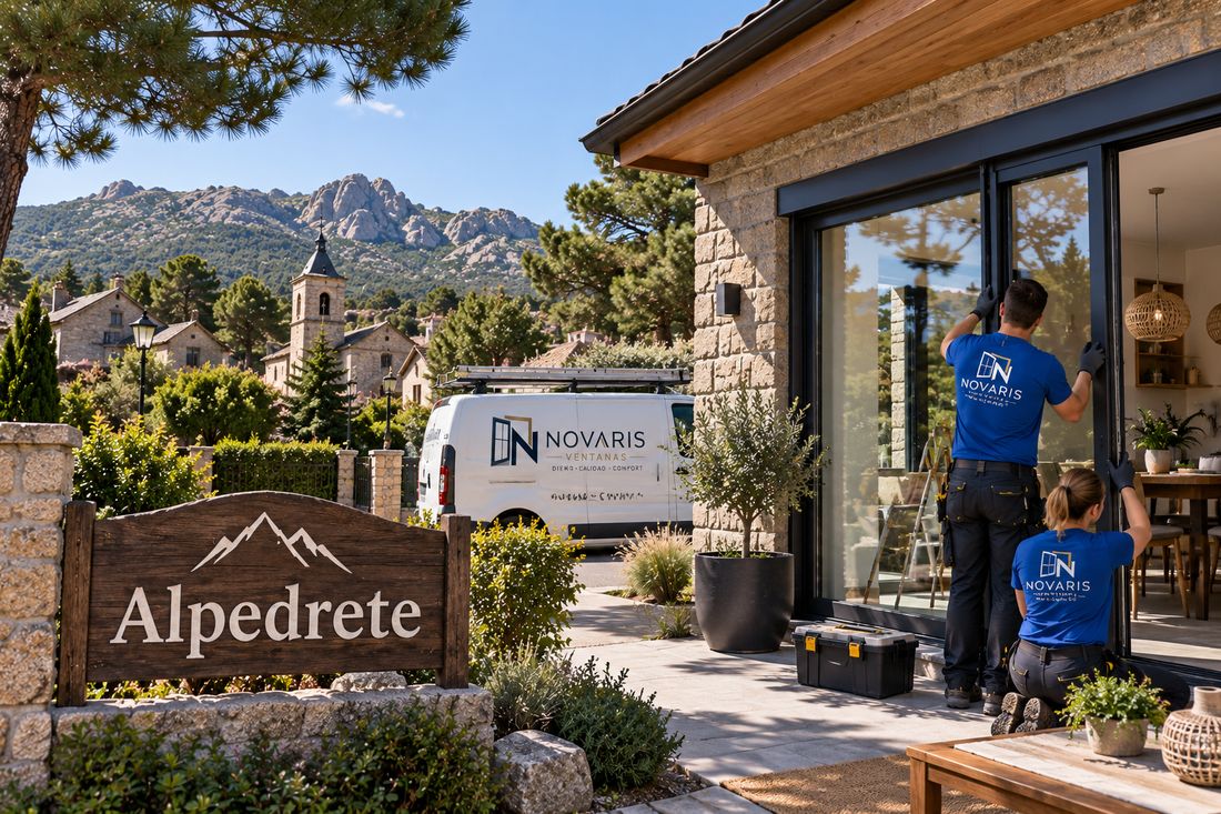 Instaladores de Novaris colocando un ventanal en una casa de piedra de Alpedrete, con el pueblo al fondo