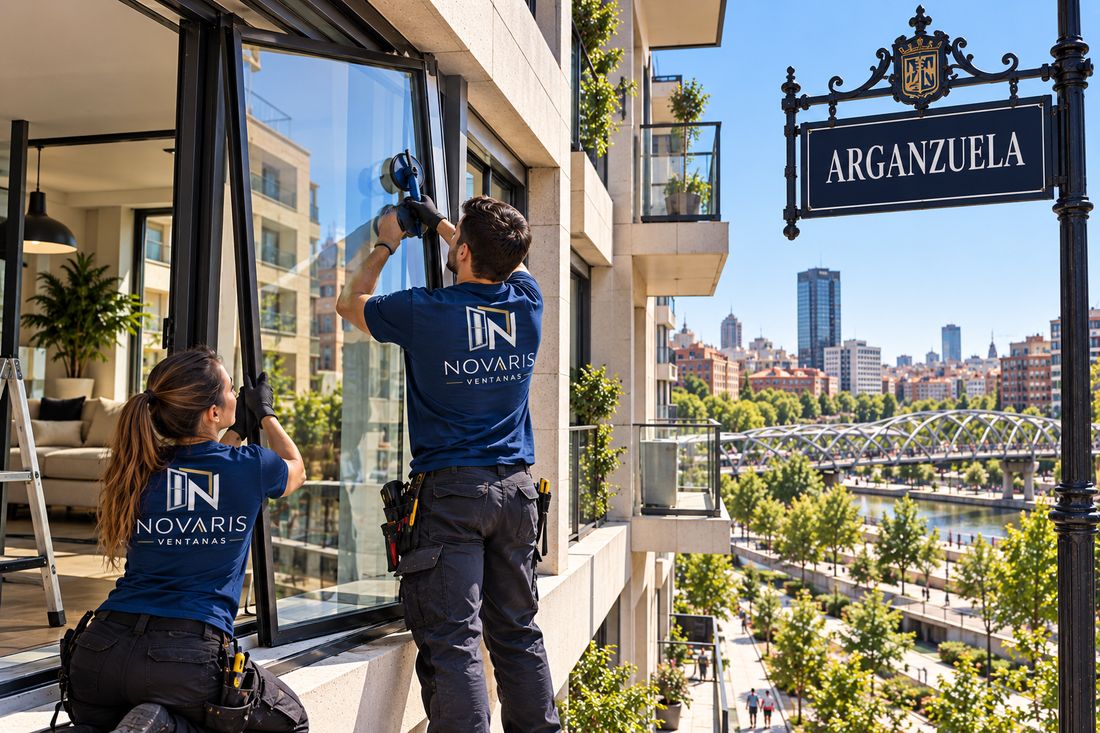 Instaladores de Novaris colocando un vidrio en una vivienda de Arganzuela, junto al parque del Manzanares