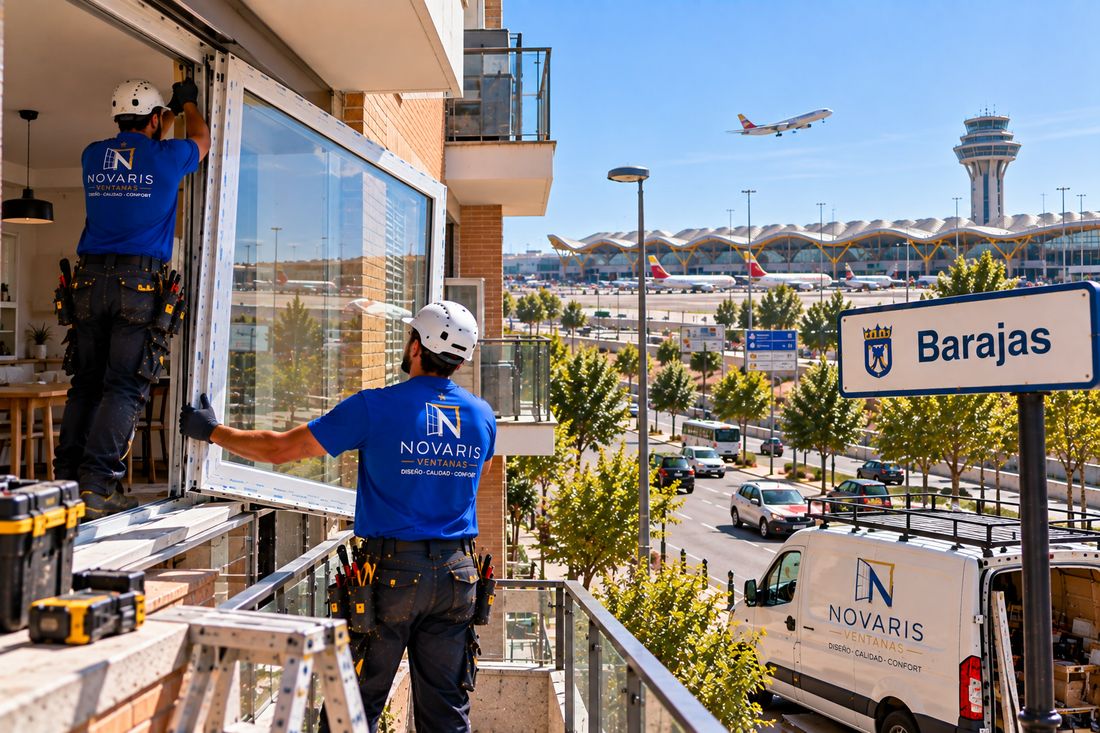 Instaladores de Novaris montando una ventana en una vivienda de Barajas, con la terminal y un avión despegando al fondo