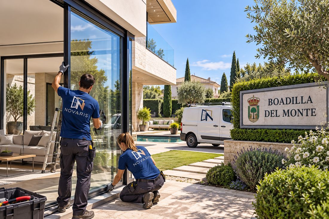 Instaladores de Novaris trabajando en un ventanal de una vivienda de Boadilla del Monte