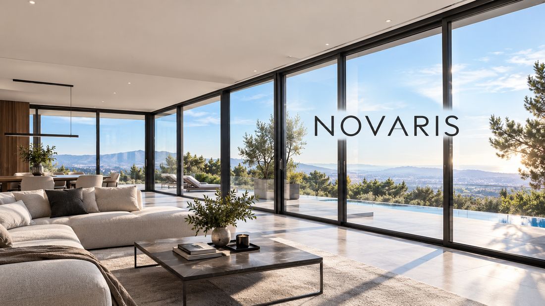 Salón con ventanales correderas de aluminio de suelo a techo
                  instalados por Novaris
