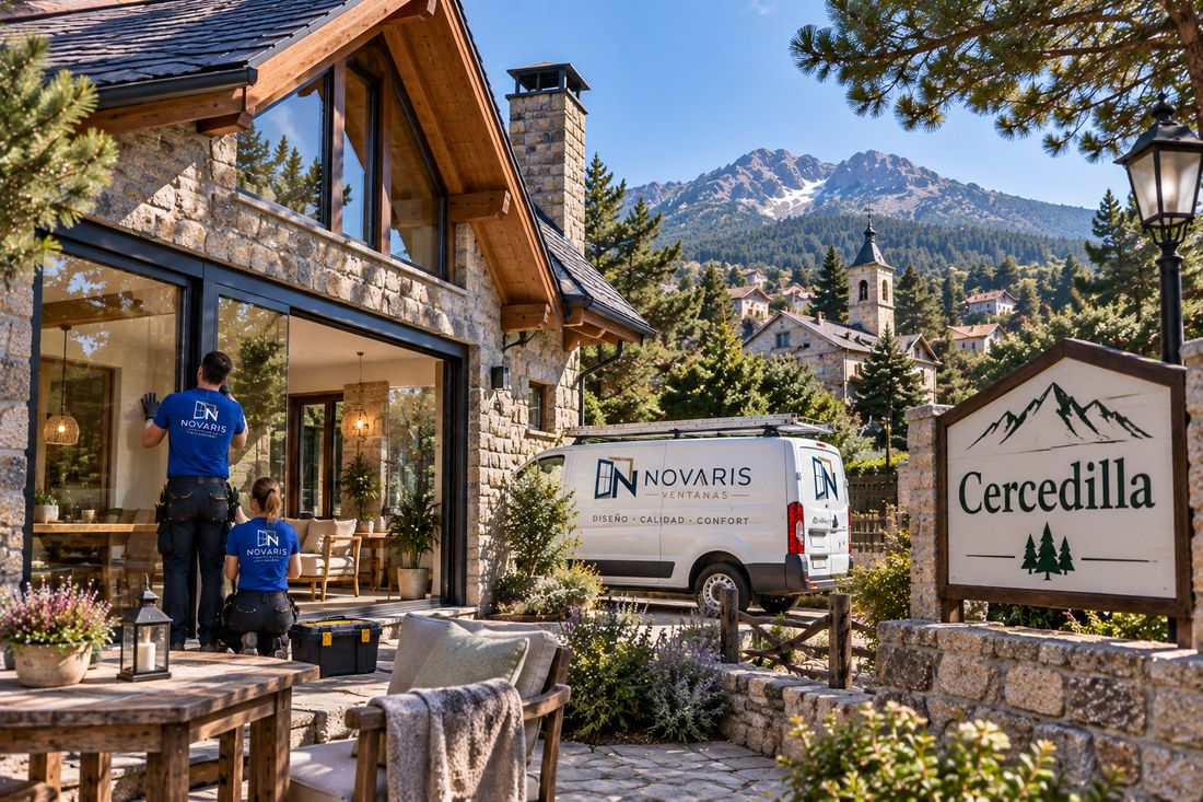 Instaladores de Novaris trabajando en una casa de piedra de Cercedilla, con el pueblo y la sierra al fondo