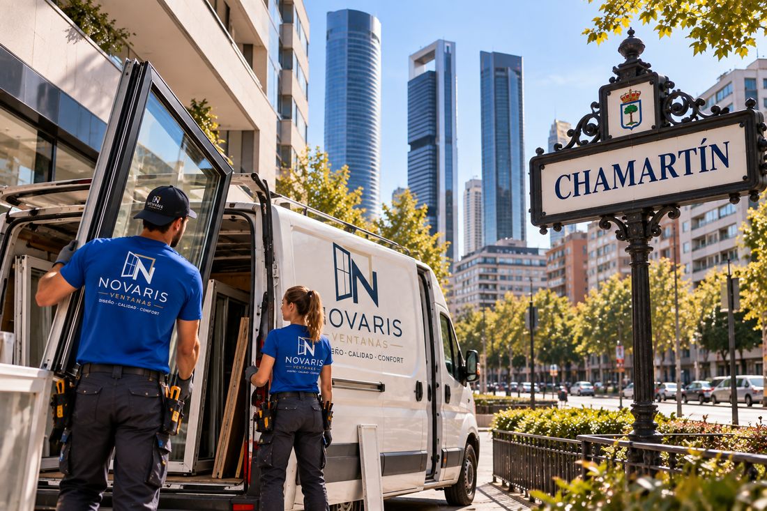 Instaladores de Novaris descargando ventanas de la furgoneta en Chamartín, con las torres de la Castellana al fondo