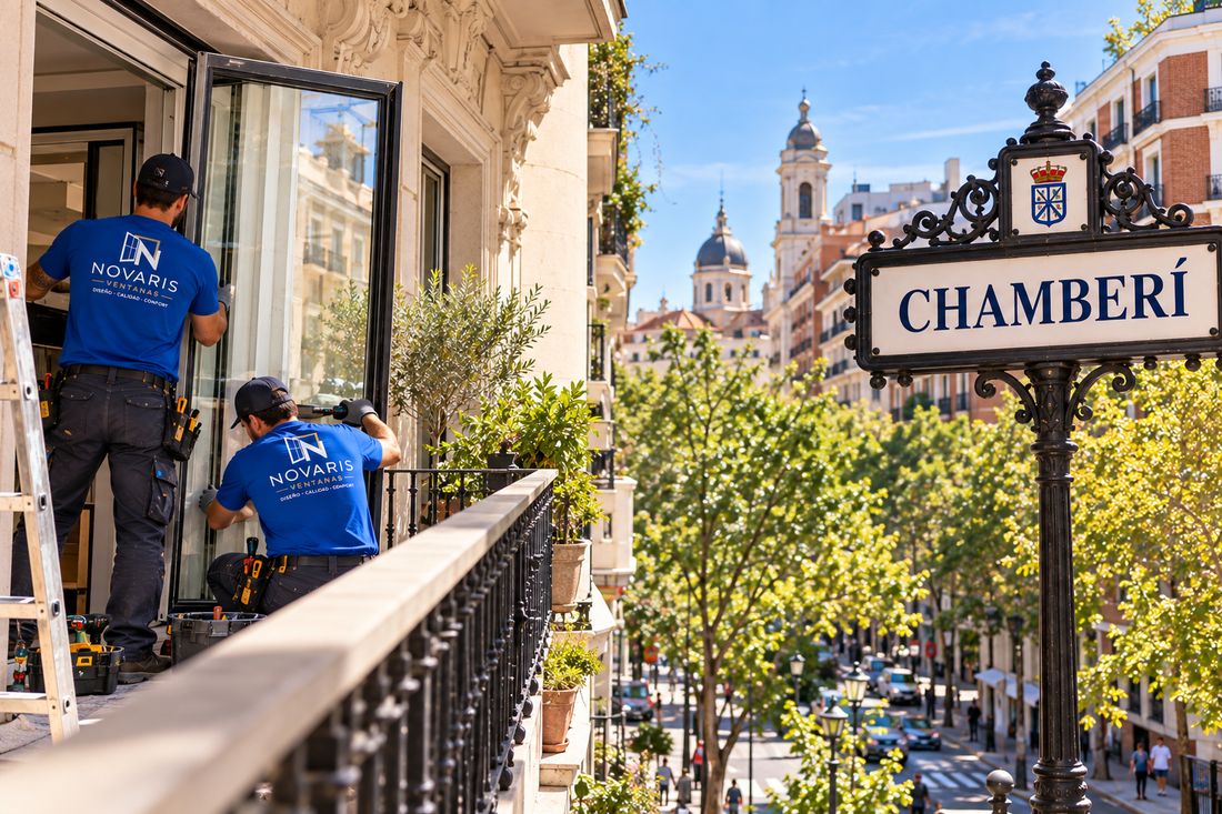 Instaladores de Novaris colocando una ventana desde el balcón de un piso de Chamberí
