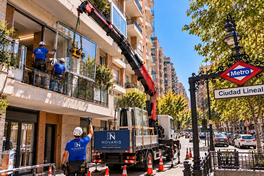 Camión grúa de Novaris subiendo un vidrio a un balcón en Ciudad Lineal mientras los instaladores lo reciben