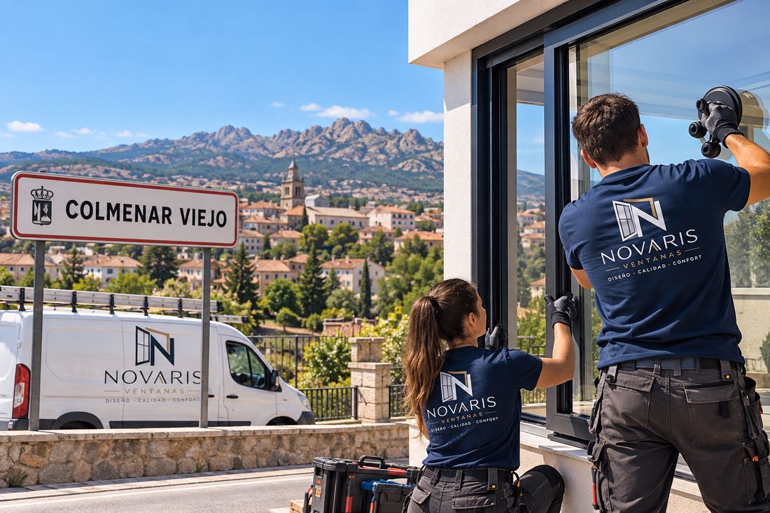 Instaladores de Novaris montando un ventanal en una vivienda de Colmenar Viejo, con el pueblo y la sierra al fondo