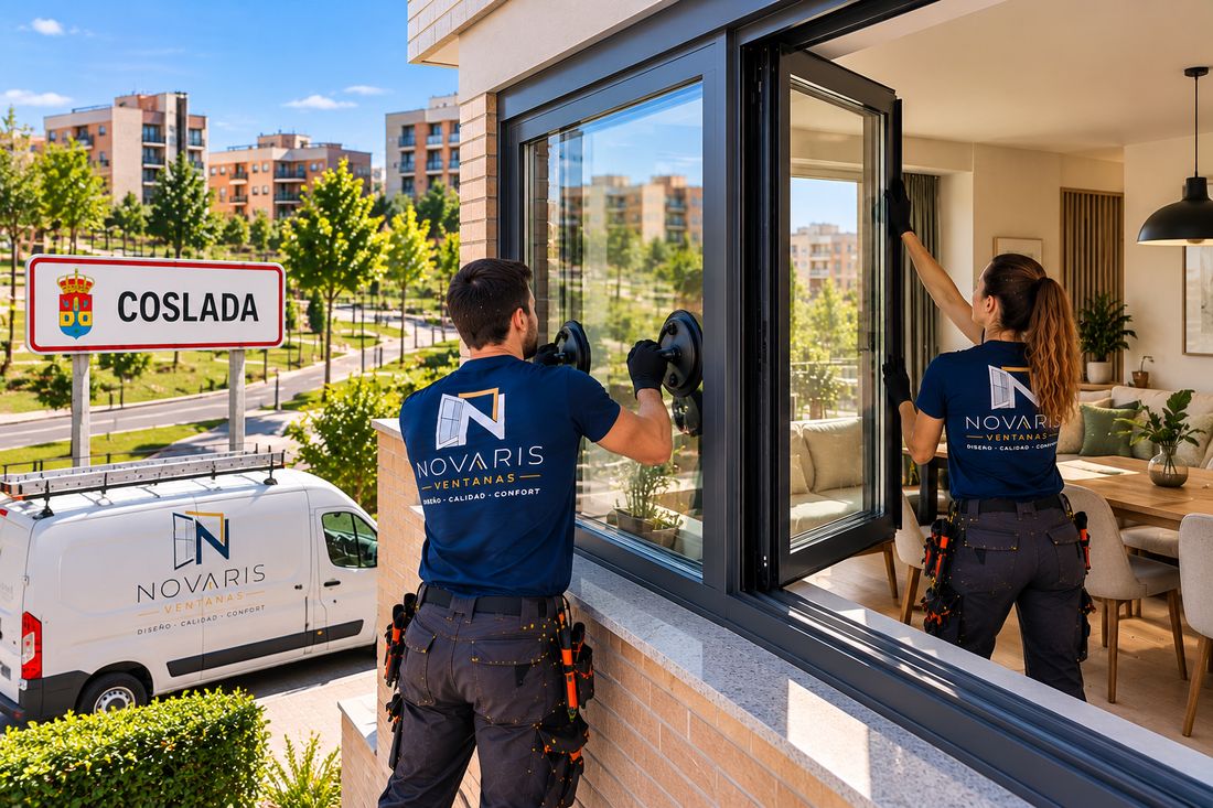 Instaladores de Novaris colocando un vidrio con ventosas en una vivienda de Coslada