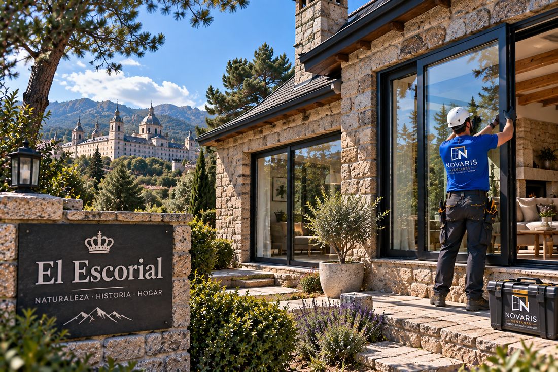 Operario de Novaris instalando un ventanal en una casa de granito de El Escorial, con el Monasterio al fondo