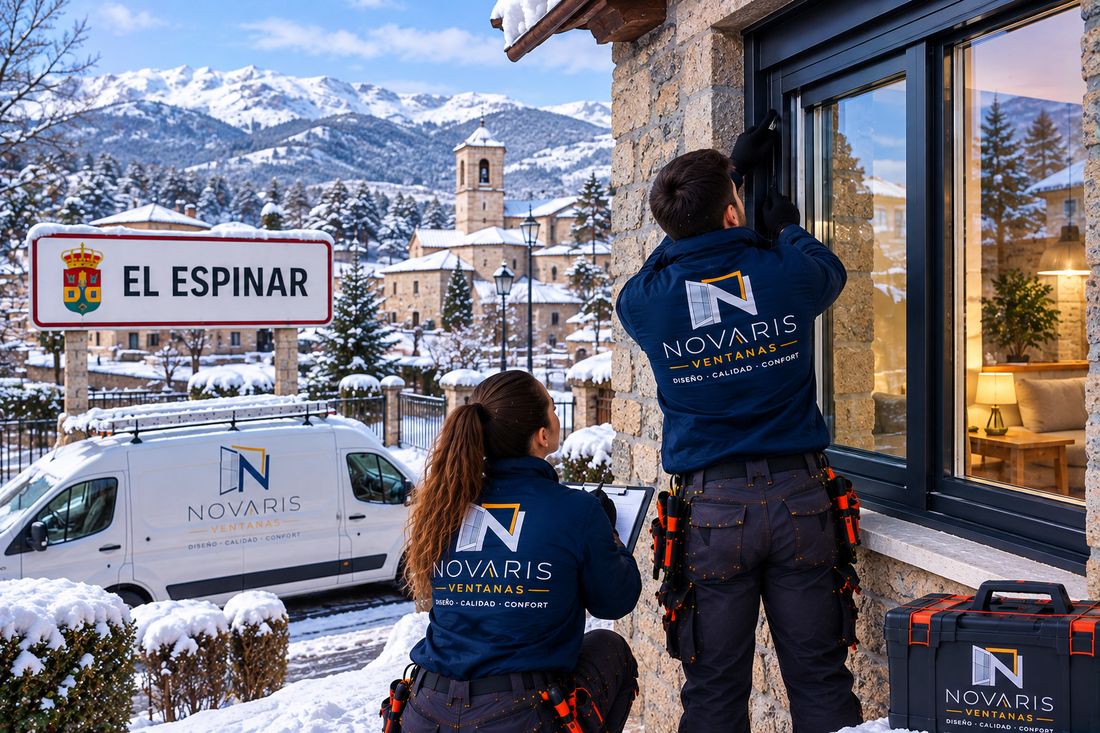 Instaladores de Novaris montando una ventana en una casa de El Espinar en invierno, con el pueblo nevado al fondo