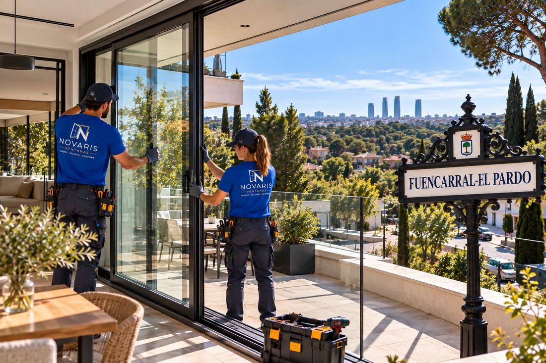 Instaladores de Novaris montando una corredera en la terraza de una vivienda de Fuencarral, con Madrid al fondo