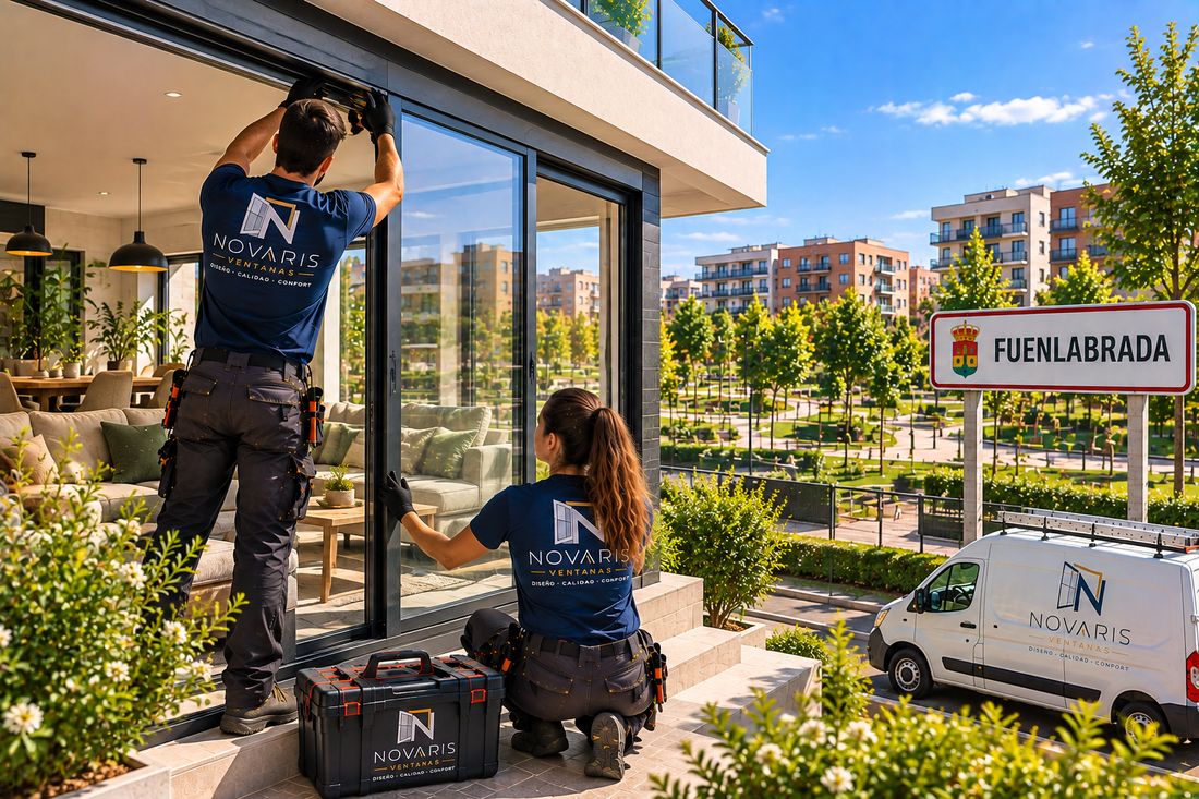 Instaladores de Novaris montando una corredera en una vivienda de Fuenlabrada, junto a un parque
