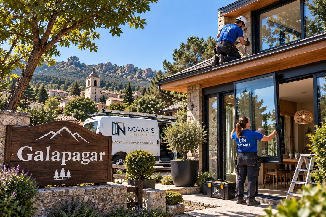 Instaladores de Novaris cambiando un ventanal en una vivienda de Galapagar, con el pueblo y la sierra al fondo