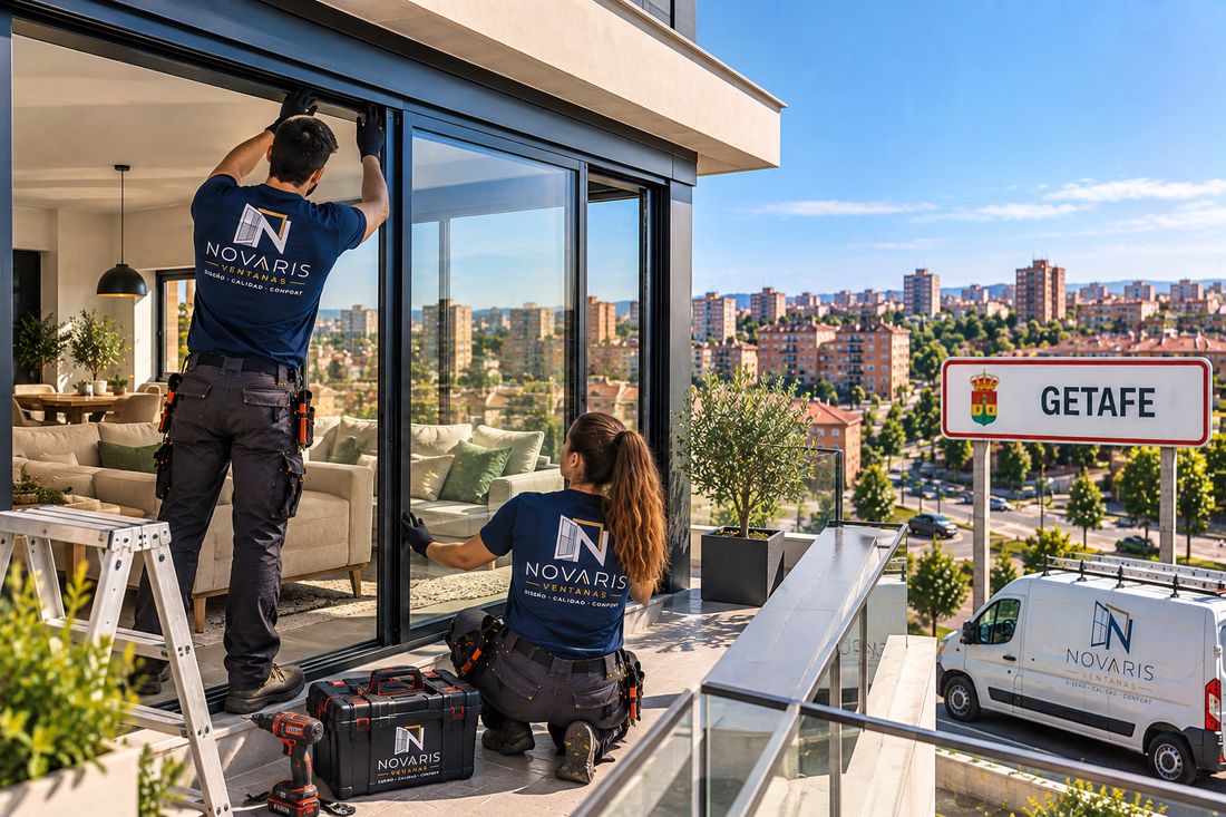 Instaladores de Novaris montando una corredera en un piso de Getafe, con la ciudad al fondo