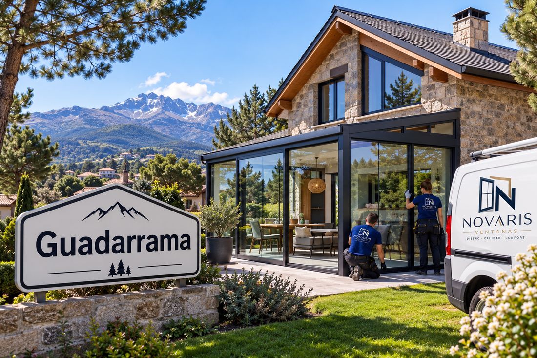 Instaladores de Novaris montando un cerramiento acristalado en un chalet de Guadarrama, con la sierra nevada al fondo