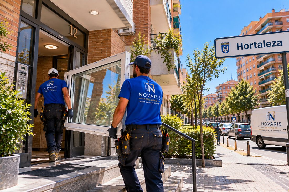 Instaladores de Novaris entrando una ventana en un portal de Hortaleza, con la furgoneta en la calle