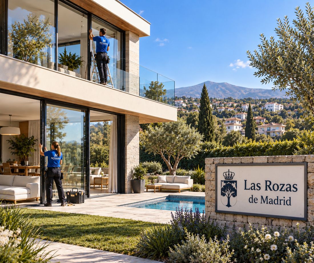Instaladores de Novaris trabajando en los ventanales de una vivienda de Las Rozas de Madrid