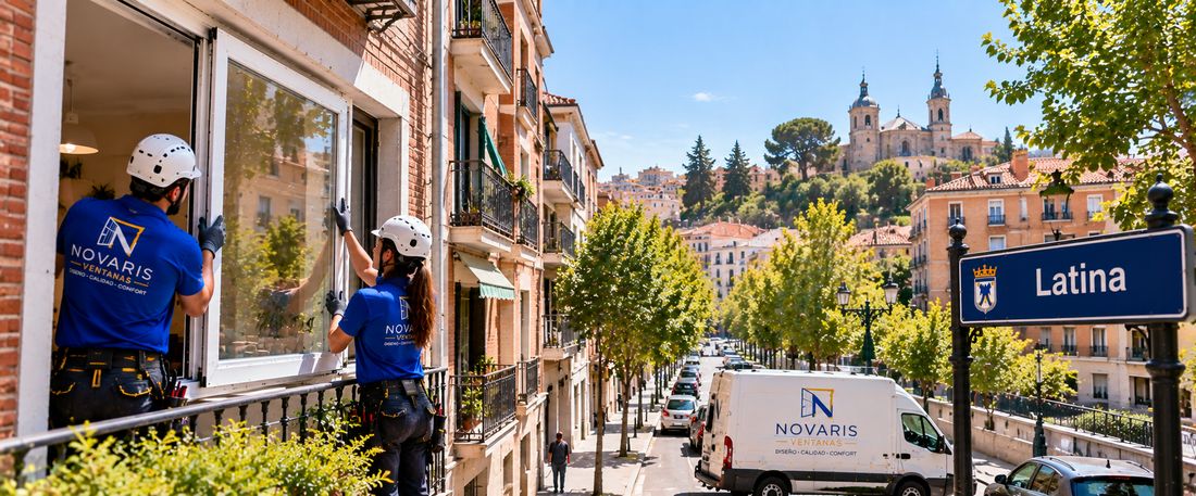 Instaladores de Novaris colocando una ventana en un piso del distrito de Latina, con la furgoneta en la calle