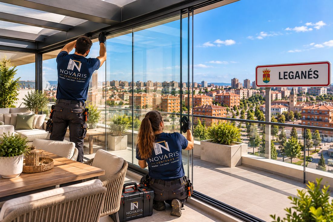 Instaladores de Novaris cerrando la terraza de un ático en Leganés
