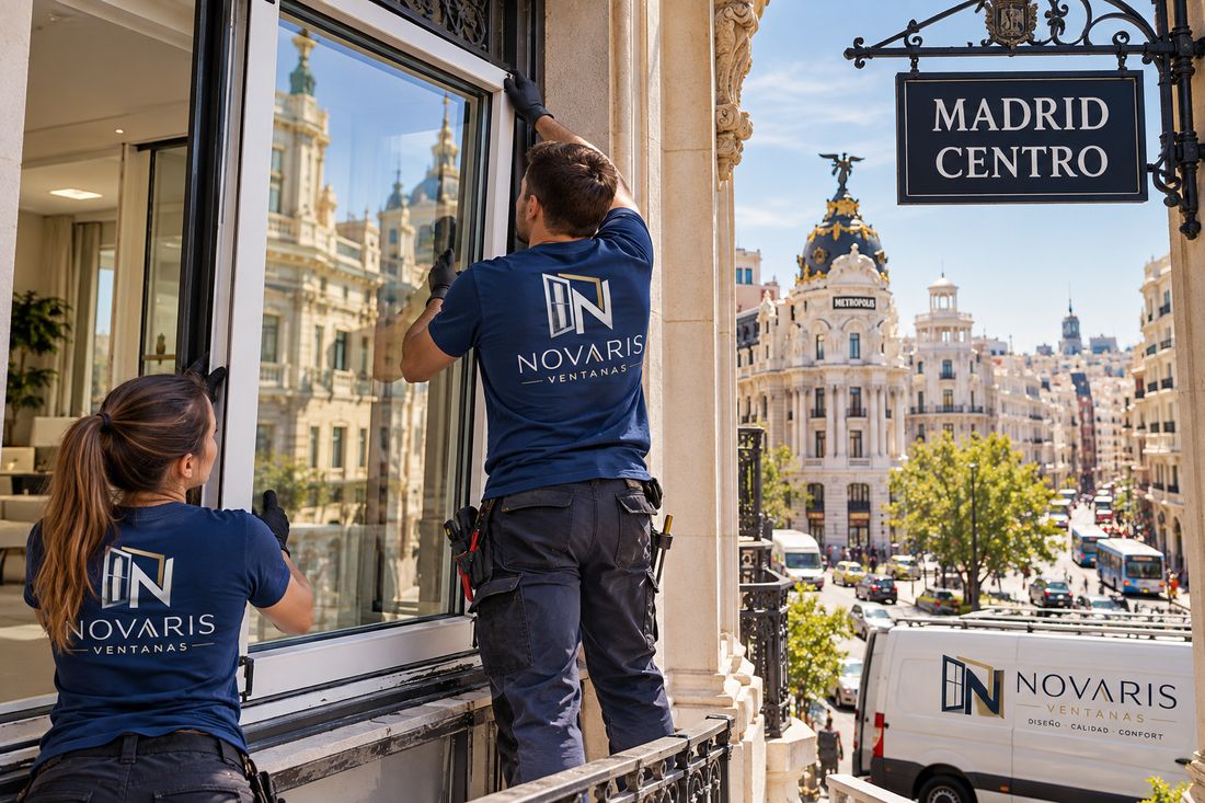 Instaladores de Novaris colocando una ventana en un edificio del centro de Madrid, con la Gran Vía al fondo