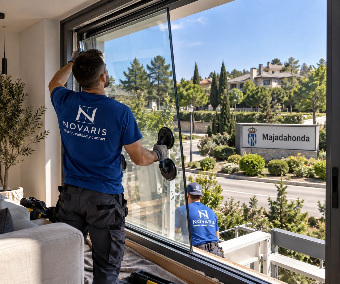 Instaladores de Novaris colocando un vidrio con ventosas en una vivienda de Majadahonda