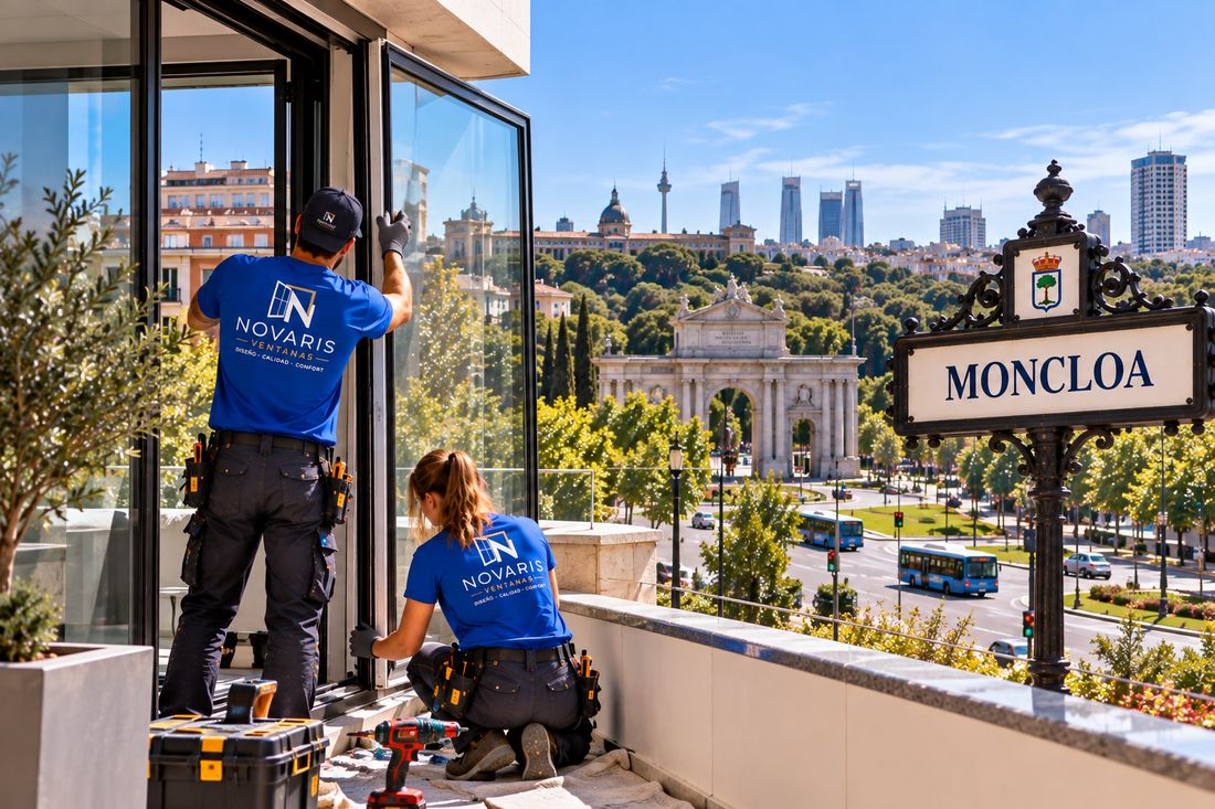 Instaladores de Novaris colocando una ventana en una vivienda de Moncloa, con la Puerta de San Vicente al fondo