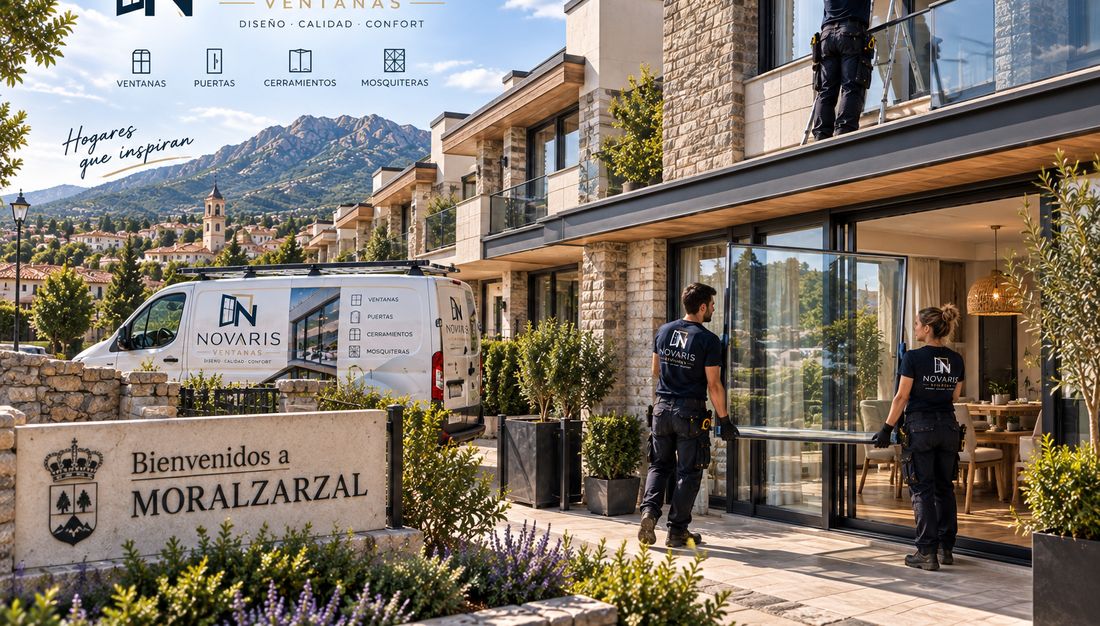 Instaladores de Novaris entrando un vidrio en una vivienda de Moralzarzal, con el pueblo y la sierra al fondo