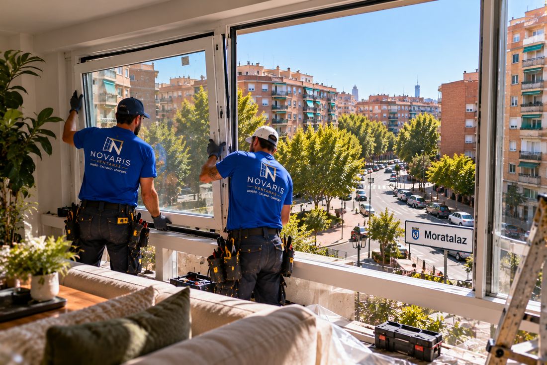 Instaladores de Novaris cambiando una ventana en un piso de Moratalaz, con la avenida y los bloques de ladrillo al fondo