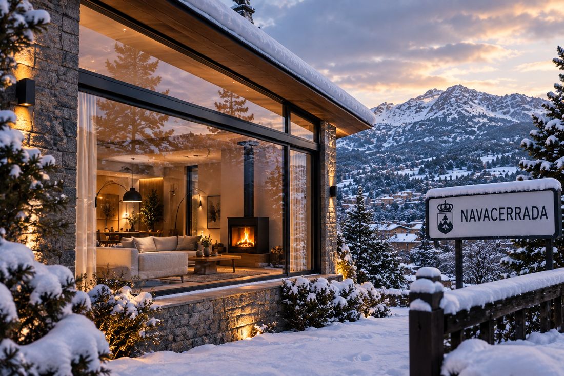 Ventanal de un salón encendido en una casa de Navacerrada, con nieve y la sierra al fondo