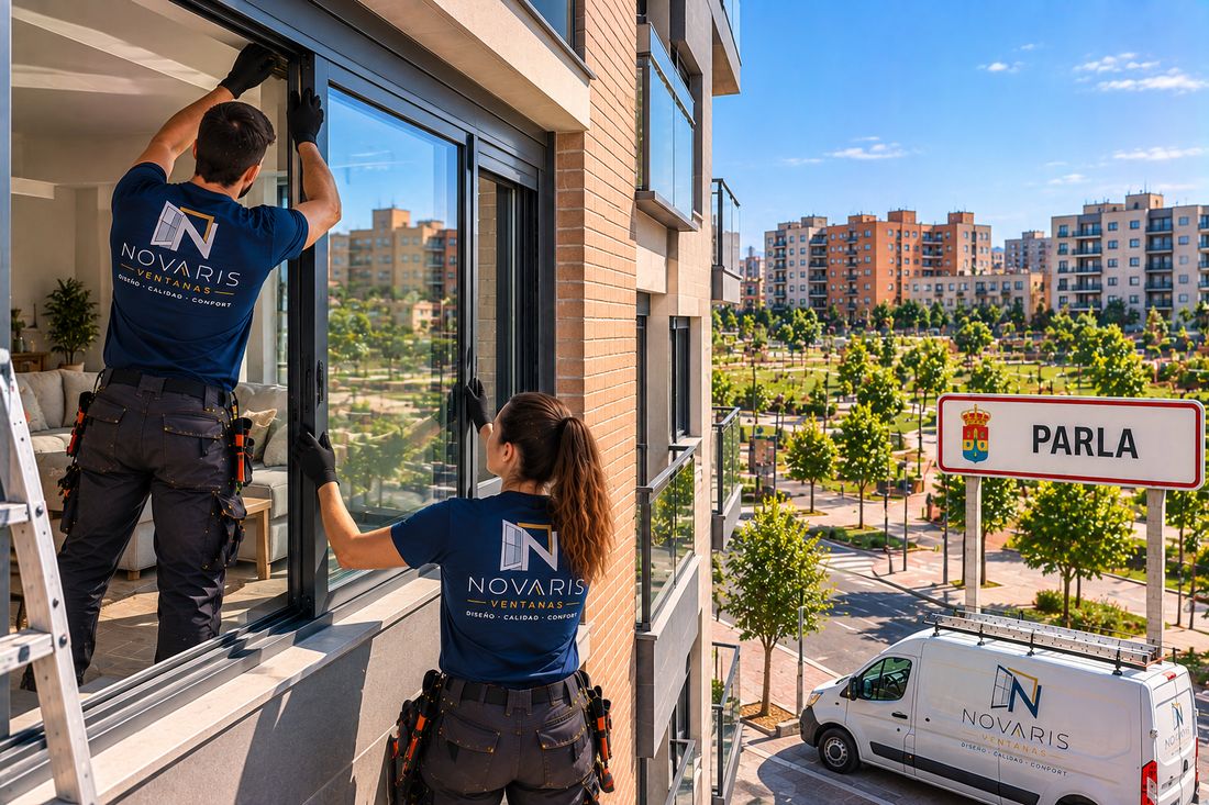 Instaladores de Novaris cambiando una ventana en un piso de Parla, con las promociones y el parque al fondo
