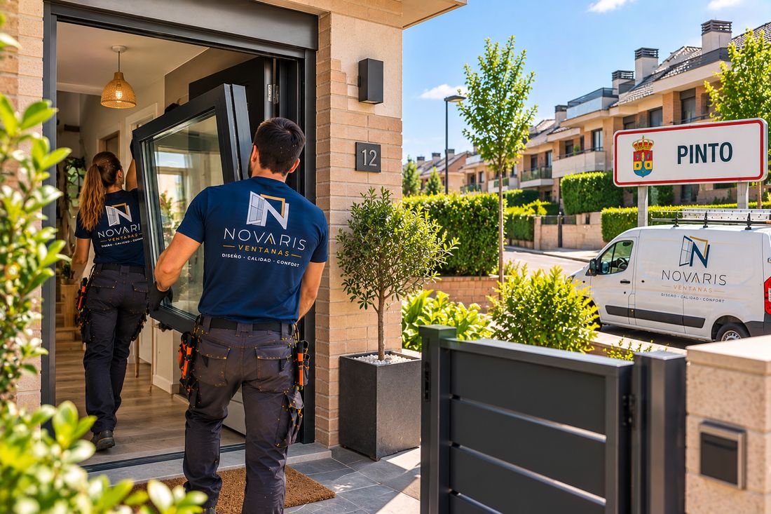 Instaladores de Novaris entrando una ventana en un adosado de Pinto, con la furgoneta en la calle