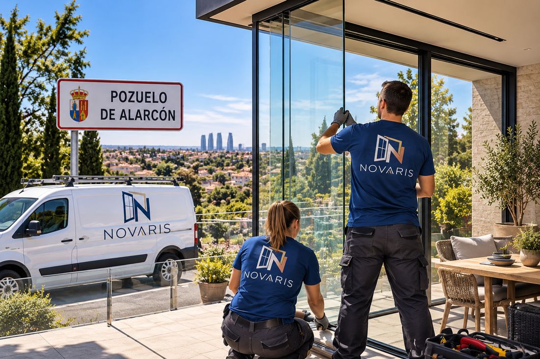 Instaladores de Novaris montando un ventanal en una vivienda de Pozuelo de Alarcón, con Madrid al fondo
