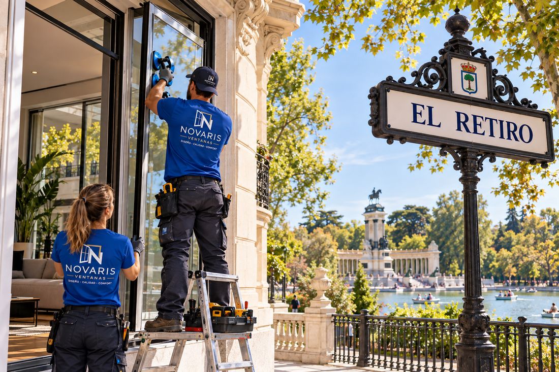 Instaladores de Novaris colocando un ventanal en una vivienda junto al parque del Retiro, con el estanque al fondo