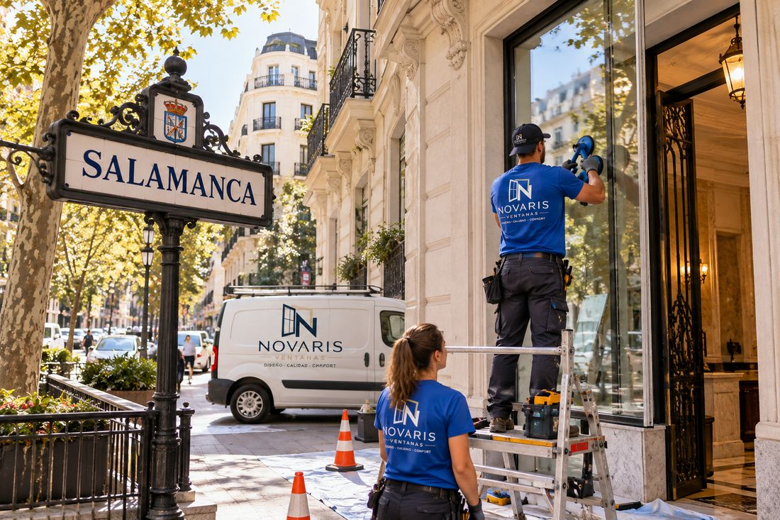 Instaladores de Novaris trabajando en un hueco de un edificio del barrio de Salamanca, con la furgoneta de la empresa en la calle