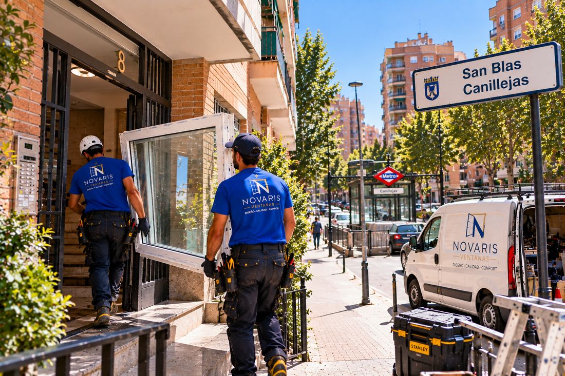 Instaladores de Novaris entrando una ventana en un portal de San Blas-Canillejas