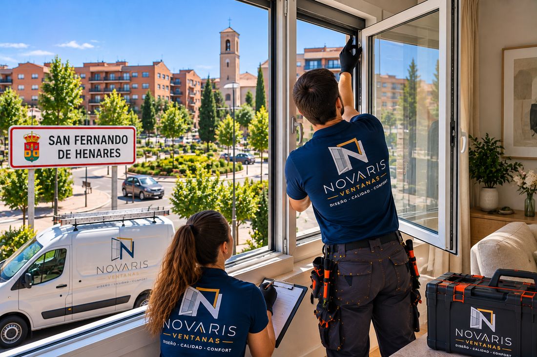 Instaladores de Novaris revisando una ventana en una vivienda de San Fernando de Henares