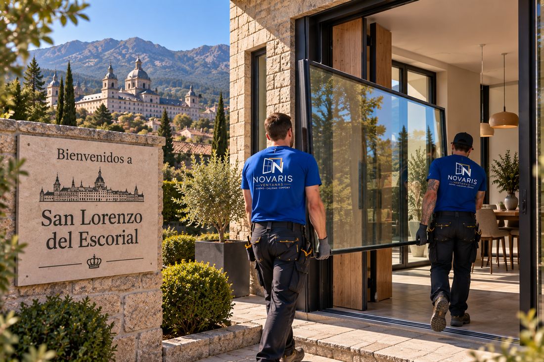 Instaladores de Novaris entrando un ventanal en una vivienda de San Lorenzo de El Escorial, con el Monasterio al fondo