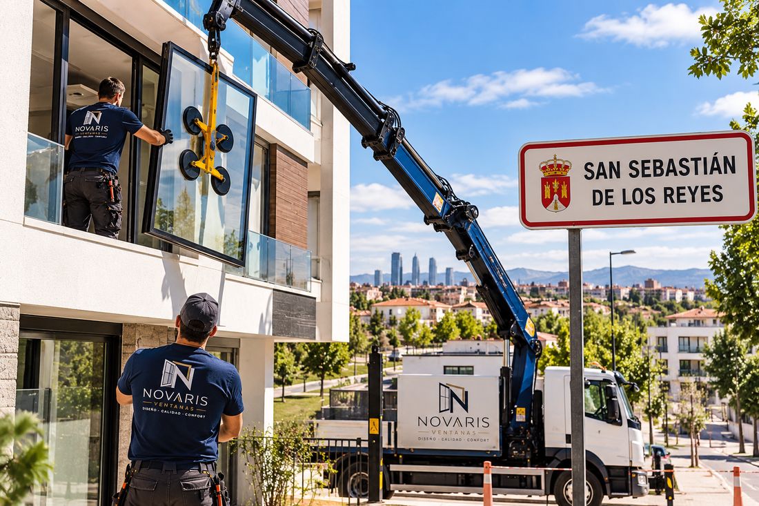 Camión grúa de Novaris subiendo un vidrio a una vivienda de San Sebastián de los Reyes