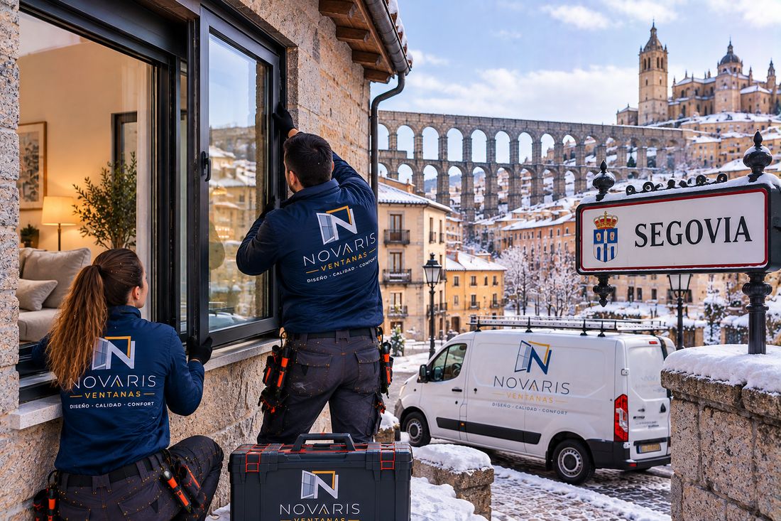 Instaladores de Novaris montando una ventana en Segovia en invierno, con el acueducto nevado al fondo