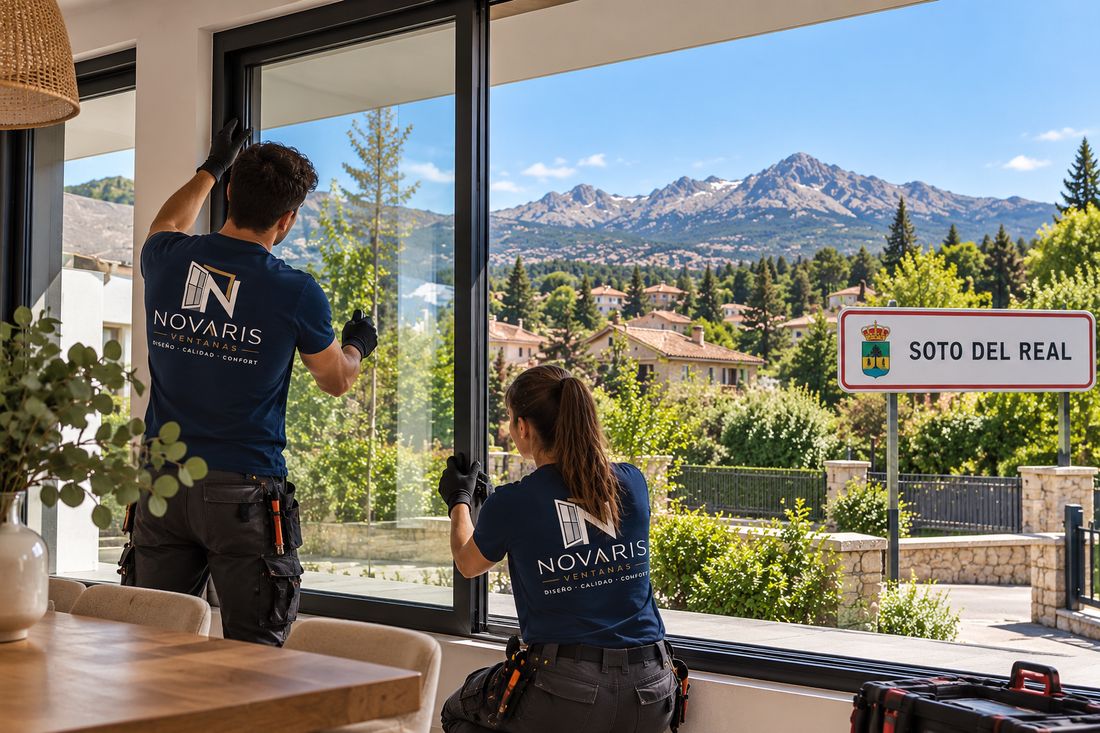 Instaladores de Novaris montando una corredera en una vivienda de Soto del Real, con la sierra al fondo