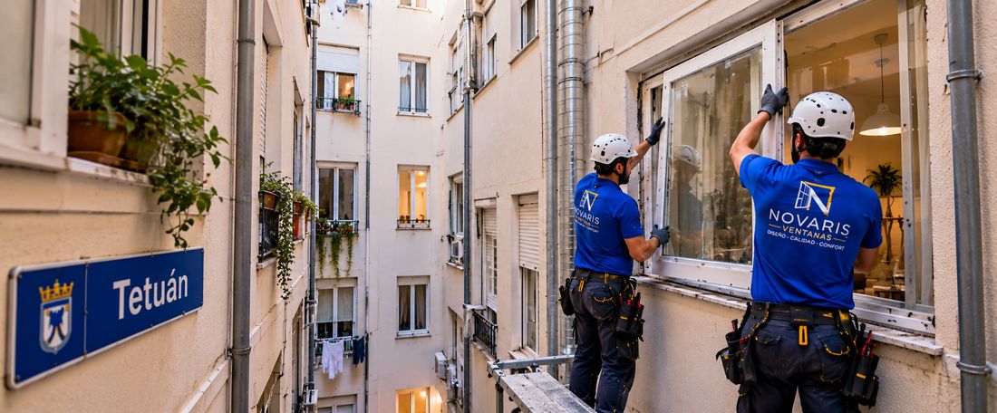 Instaladores de Novaris cambiando una ventana que da a un patio interior en Tetuán