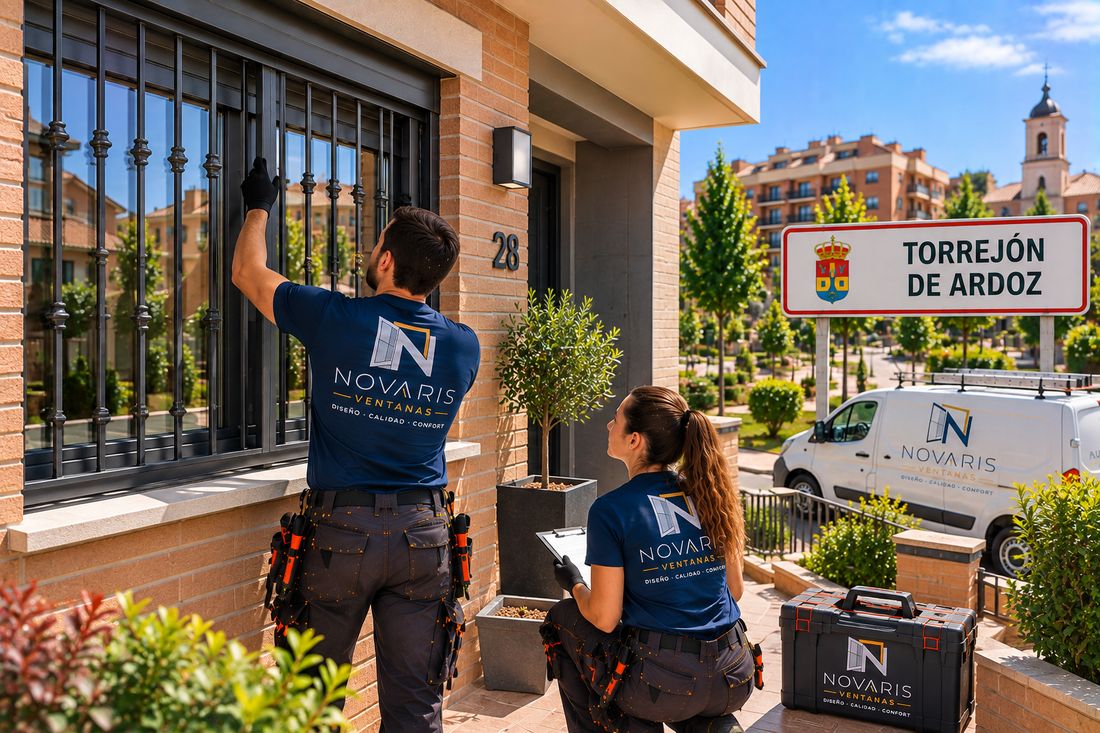 Instaladores de Novaris revisando la ventana y la reja de una vivienda de Torrejón de Ardoz