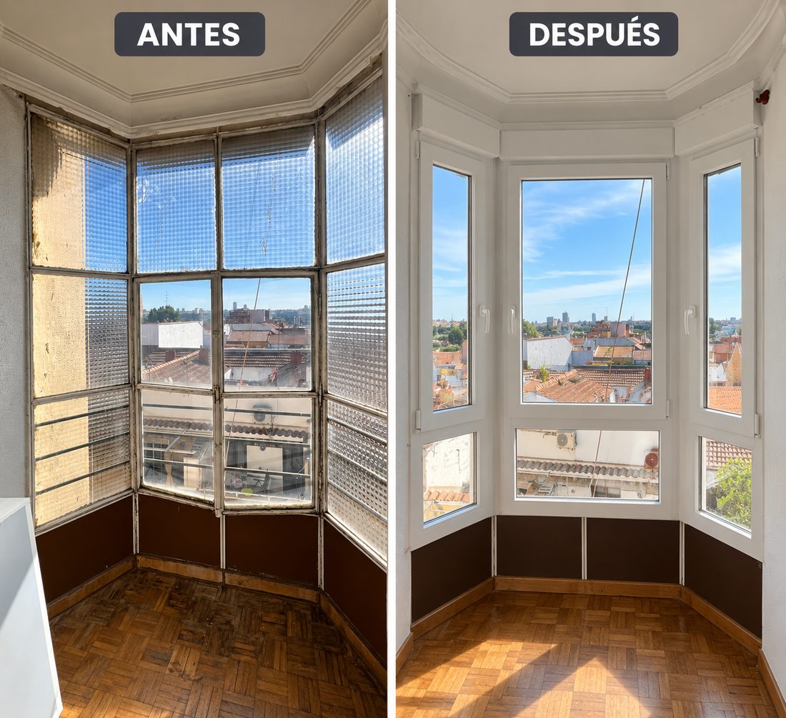 Antes y después de un mirador: la carpintería antigua con vidrios opacos sustituida por ventanas de PVC blanco con vidrio transparente