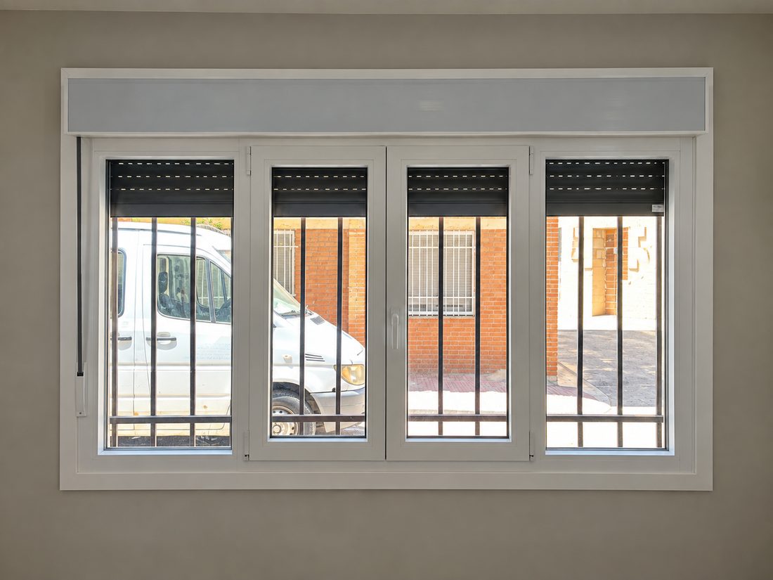 Ventana de cuatro hojas practicables con cajón de persiana exterior, instalada en el hueco de una vivienda