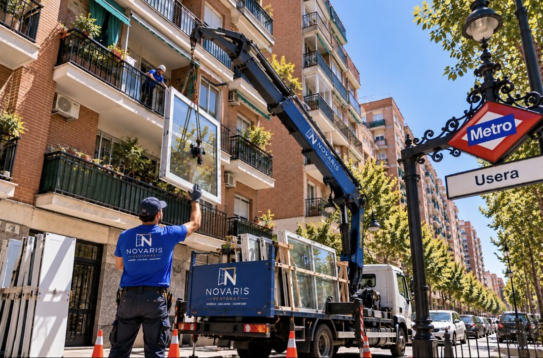 Camión grúa de Novaris subiendo una ventana a un piso de Usera mientras un instalador la guía