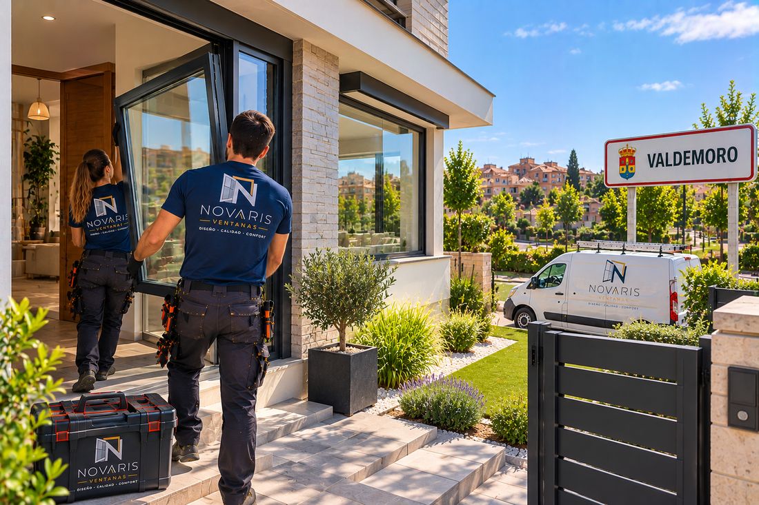 Instaladores de Novaris entrando una ventana nueva en una vivienda unifamiliar de Valdemoro