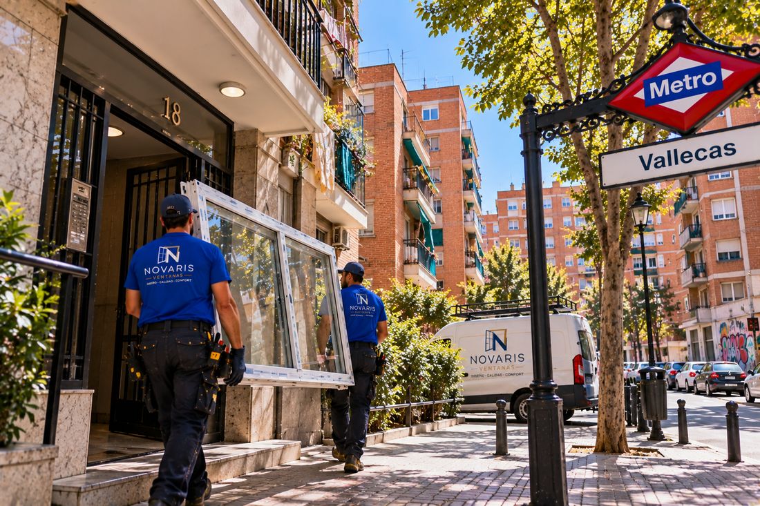 Instaladores de Novaris entrando una ventana en un portal de Vallecas, con la furgoneta aparcada en la calle