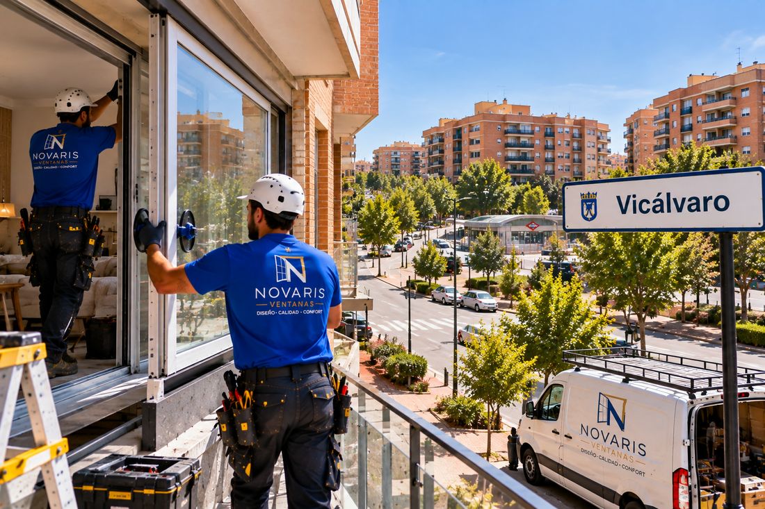 Instaladores de Novaris colocando un vidrio con ventosa en una vivienda de Vicálvaro