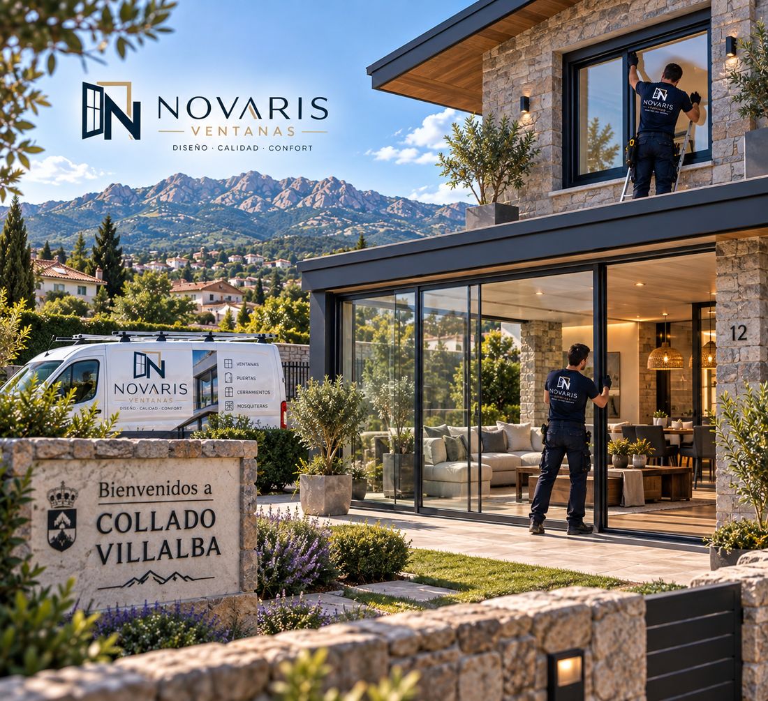Instalador de Novaris trabajando en un ventanal de una vivienda de Collado Villalba, con la furgoneta y el cartel del municipio